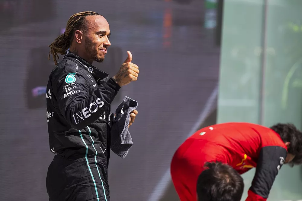 Lewis Hamilton, Mercedes-AMG, 3rd position, gives a thumbs up in Parc Ferme