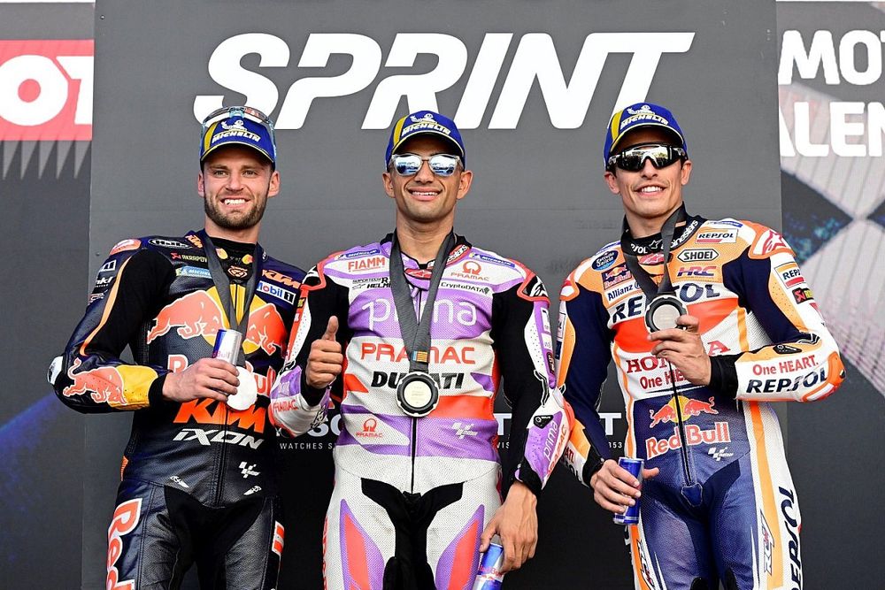 Top3 de la carrera Sprint Brad Binder, Red Bull KTM Factory Racing, ganador Jorge Martín, Pramac Racing, Marc Márquez, Repsol Honda Team