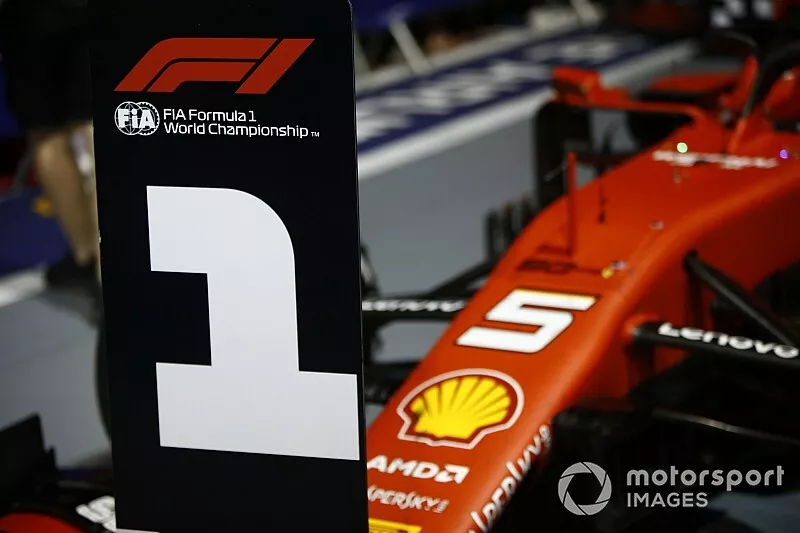 The car of Sebastian Vettel, Ferrari SF90, 1st position, in Parc Ferme