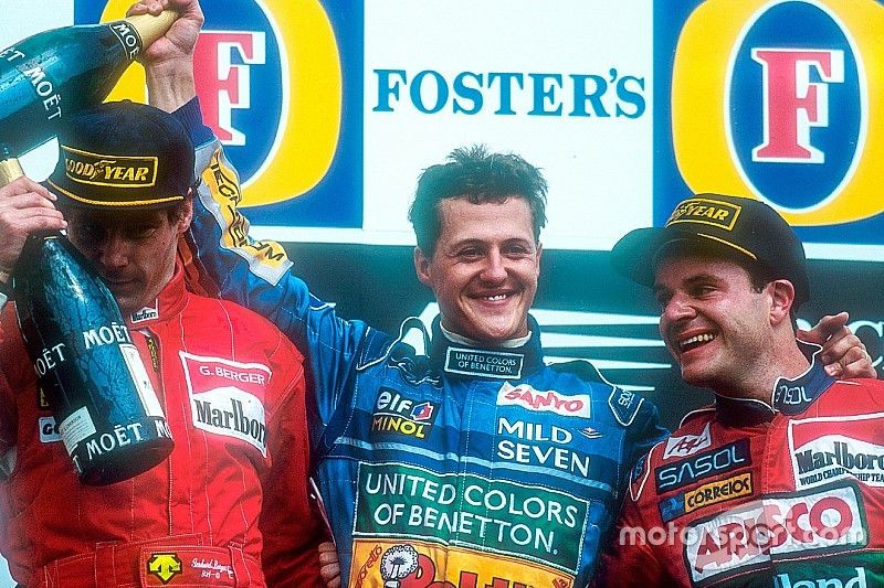 Podium: race winner Michael Schumacher, second place Gerhard Berger, third place Rubens Barrichello