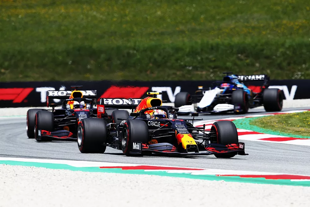 Sergio Perez, Red Bull Racing RB16B, Max Verstappen, Red Bull Racing RB16B, and George Russell, Williams FW43B