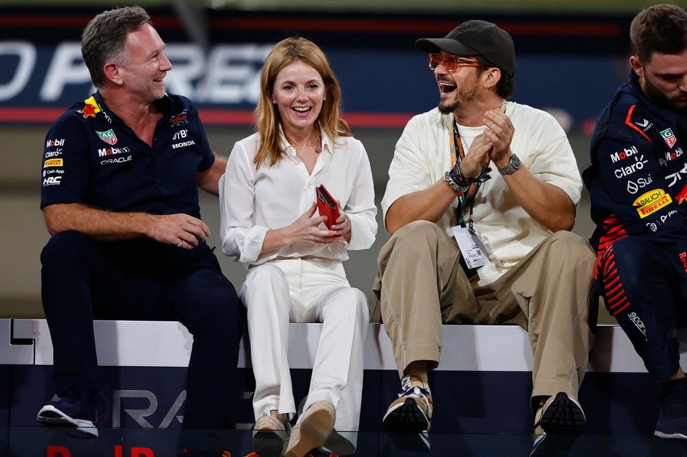 Christian Horner, Team Principal, Red Bull Racing, Geri Horner and Orlando Bloom at the podium ceremony