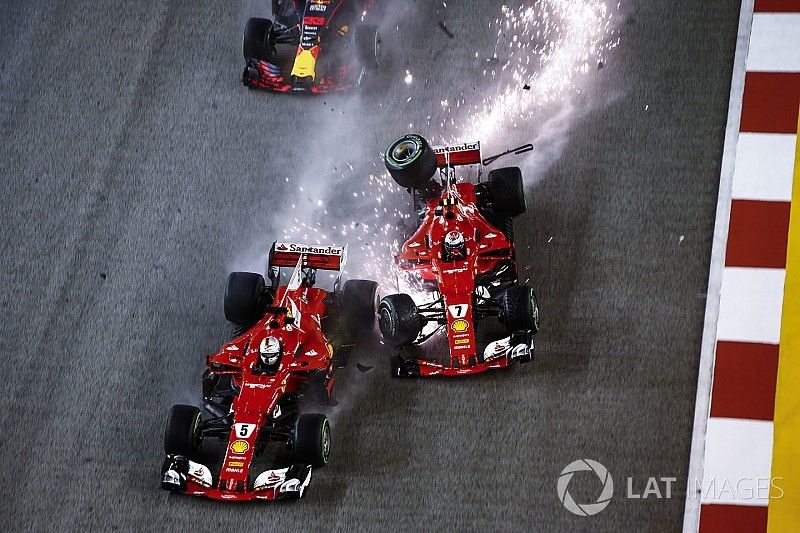 Kimi Raikkonen, Ferrari SF70H hits Sebastian Vettel, Ferrari SF70H and Max Verstappen, Red Bull Racing RB13