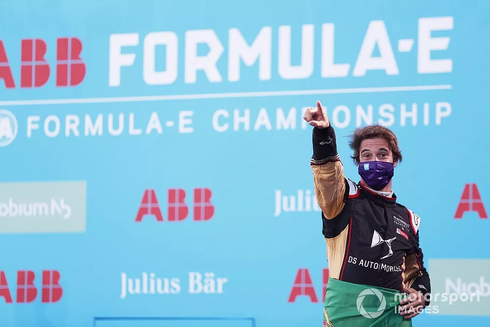 Antonio Felix da Costa, DS Techeetah, celebrates on the podium after winning the race
