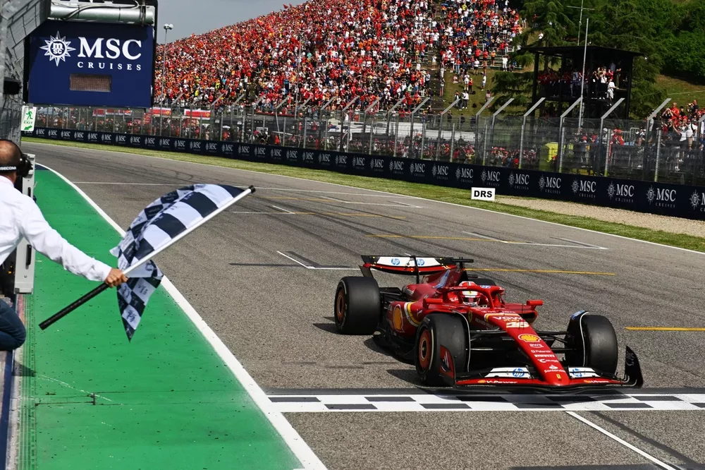 Charles Leclerc, Ferrari SF-24, 3rd position, passes the chequered flag