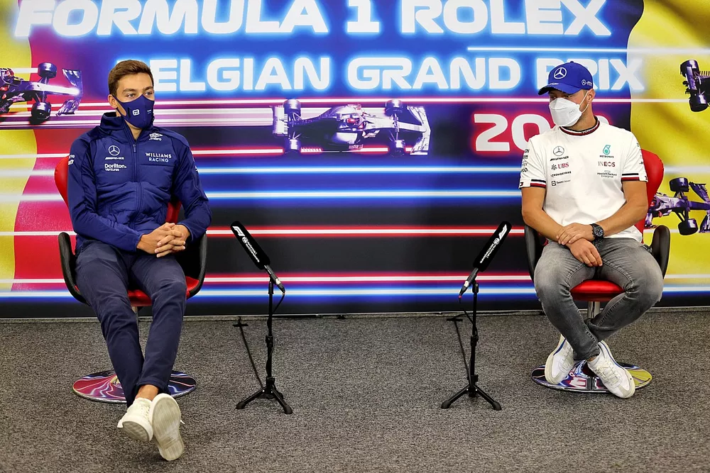 George Russell, Williams, and Valtteri Bottas, Mercedes, in the Press Conference