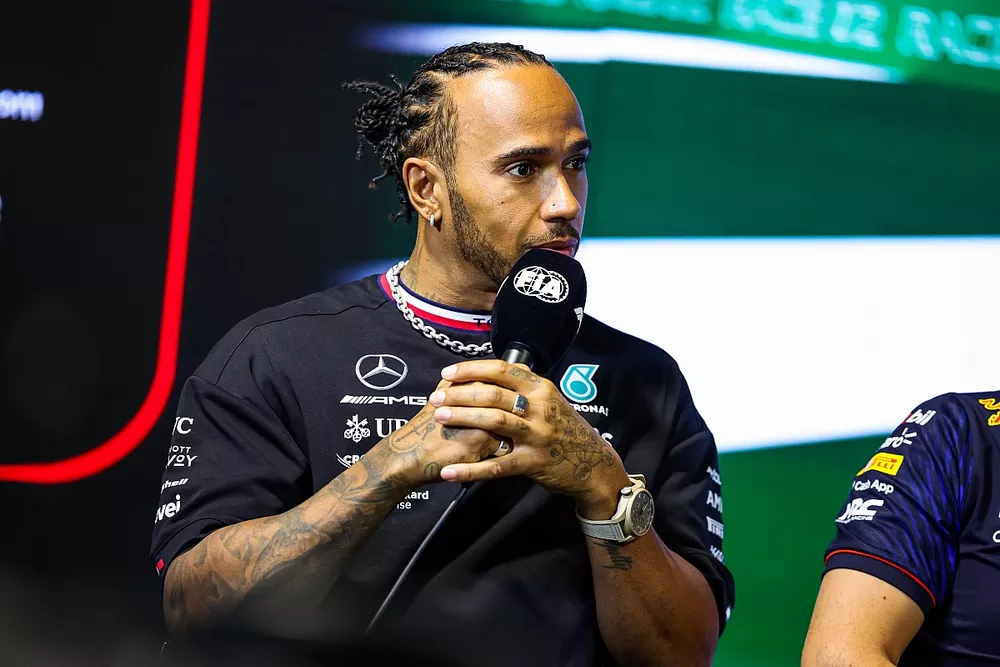 Sir Lewis Hamilton, Mercedes-AMG, with Sergio Perez, Red Bull Racing, Lance Stroll, Aston Martin F1 Team, Esteban Ocon, Alpine F1 Team, and Kevin Magnussen, Haas F1 Team, during the press conference