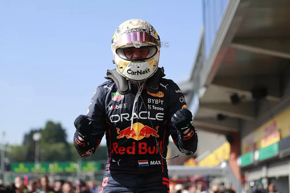 Max Verstappen, Red Bull Racing, 1st position, celebrates on arrival in Parc Ferme