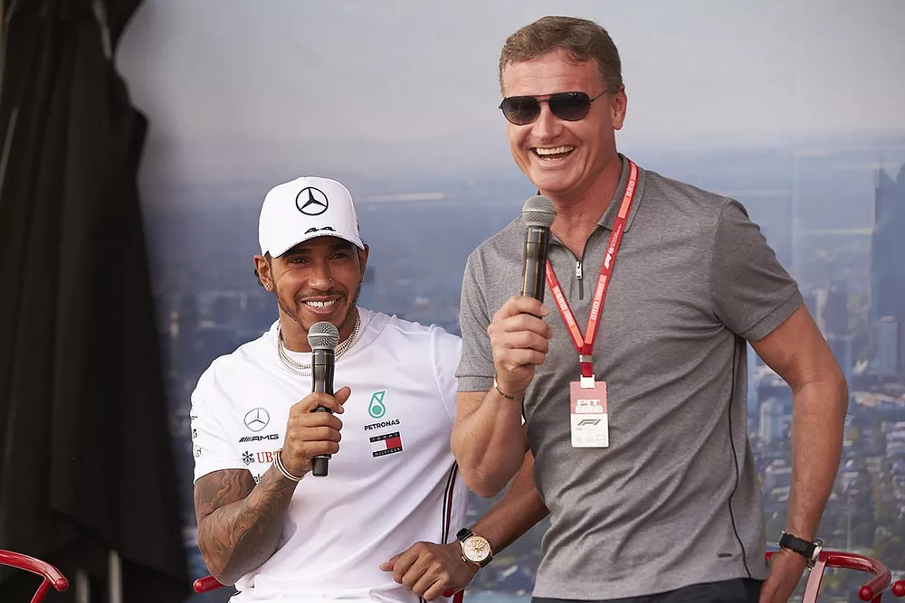 Lewis Hamilton, Mercedes AMG F1, on stage with Presenter David Coulthard.