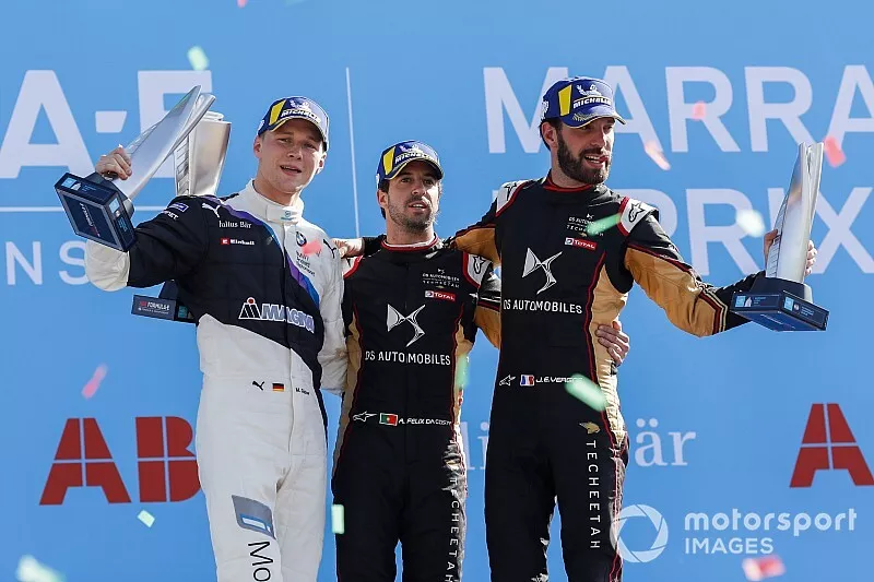 Antonio Felix da Costa, DS Techeetah, primo classificato, Maximilian G&uuml;nther, BMW I Andretti Motorsports, secondo classificato, Jean-Eric Vergne, DS Techeetah, terzo classificato