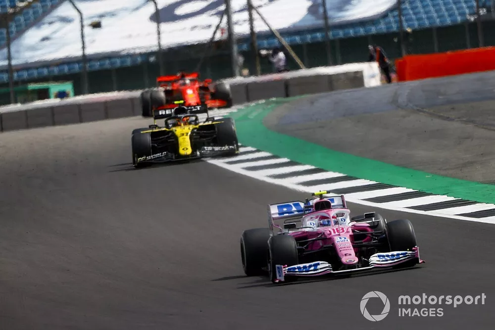 Lance Stroll, Racing Point RP20, Esteban Ocon, Renault F1 Team R.S.20, en Sebastian Vettel, Ferrari SF1000