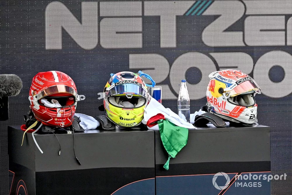 The helmets of Charles Leclerc, Scuderia Ferrari, 3rd position, Sergio Perez, Red Bull Racing, 1st position, Max Verstappen, Red Bull Racing, 2nd position, in Parc Ferme
