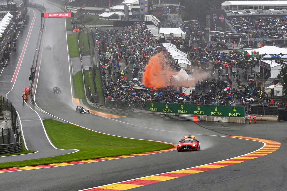 The Safety Car Max Verstappen, Red Bull Racing RB16B, and George Russell, Williams FW43B
