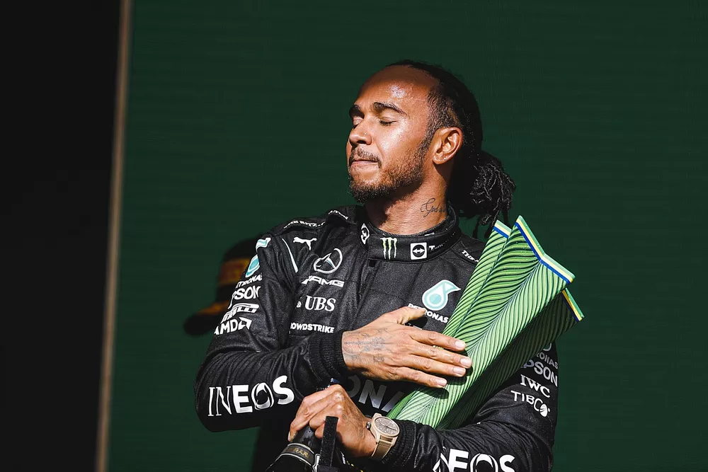Lewis Hamilton, Mercedes, 1st position, with his trophy