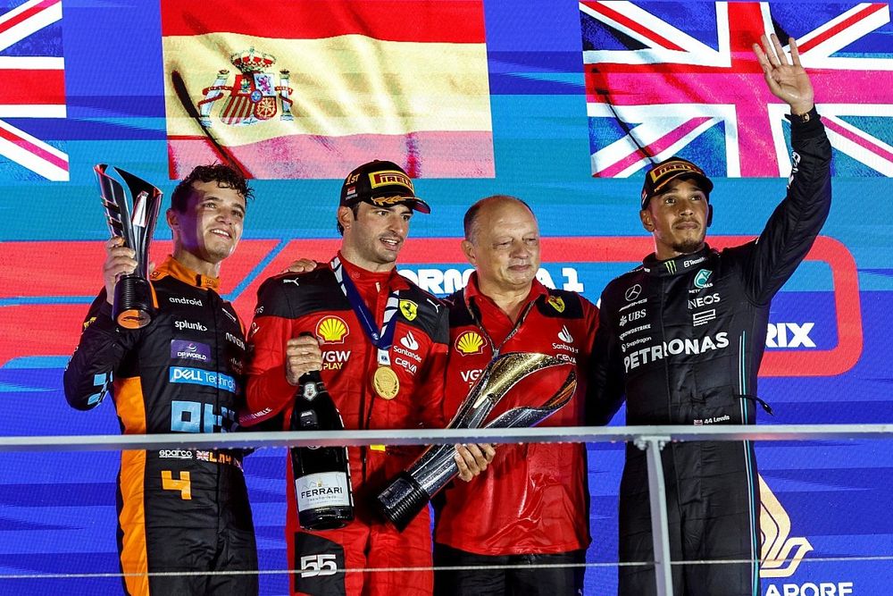 Podium: race winner Carlos Sainz, Scuderia Ferrari, second place Lando Norris, McLaren, third place Lewis Hamilton, Mercedes-AMG, Frederic Vasseur, Scuderia Ferrari Team Principal and General Manager