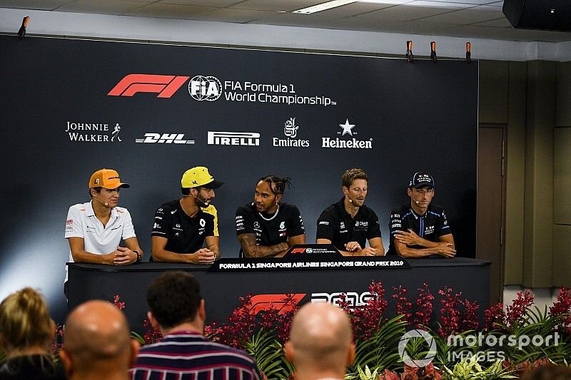Lando Norris, McLaren, Daniel Ricciardo, Renault F1 Team, Lewis Hamilton, Mercedes AMG F1, Romain Grosjean, Haas F1 Team and Robert Kubica, Williams Racing in the Press Conference 