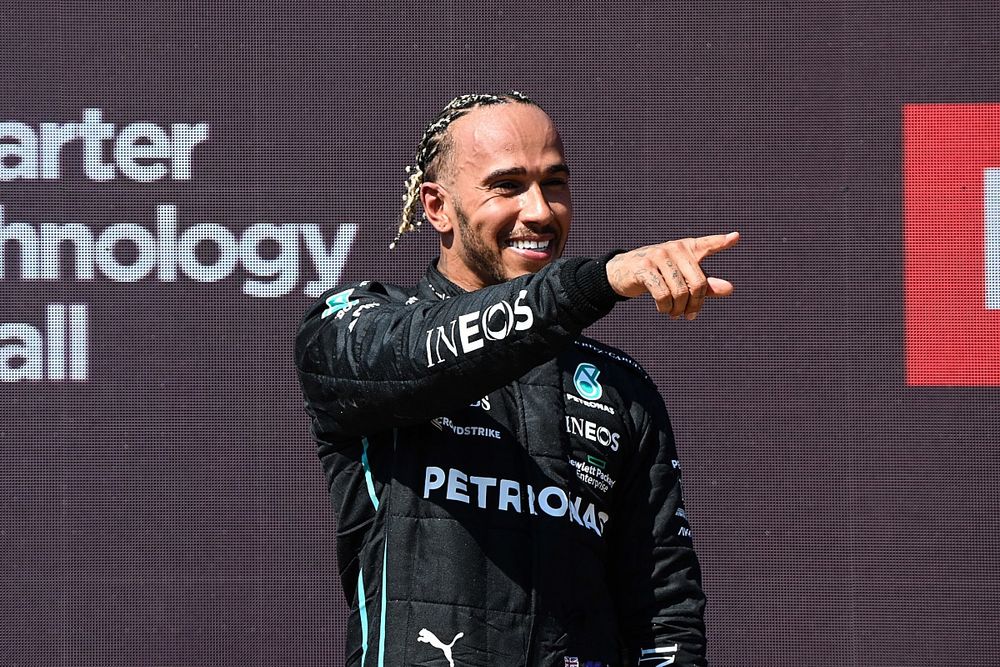 Lewis Hamilton, Mercedes-AMG, 2nd position, on the podium