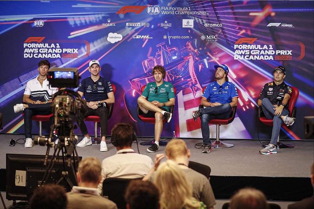 Pierre Gasly, Scuderia AlphaTauri, Nicholas Latifi, Williams Racing, Sebastian Vettel, Aston Martin, Fernando Alonso, Alpine F1 Team, Sergio Perez, Red Bull Racing, in the Press Conference