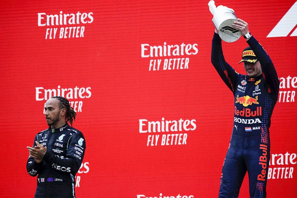 Lewis Hamilton, Mercedes, 2nd position, and Max Verstappen, Red Bull Racing, 1st position, on the podium