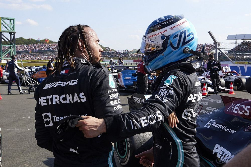 Valtteri Bottas, Mercedes, 3rd position, congratulates Lewis Hamilton, Mercedes, 1st position, in Parc Ferme