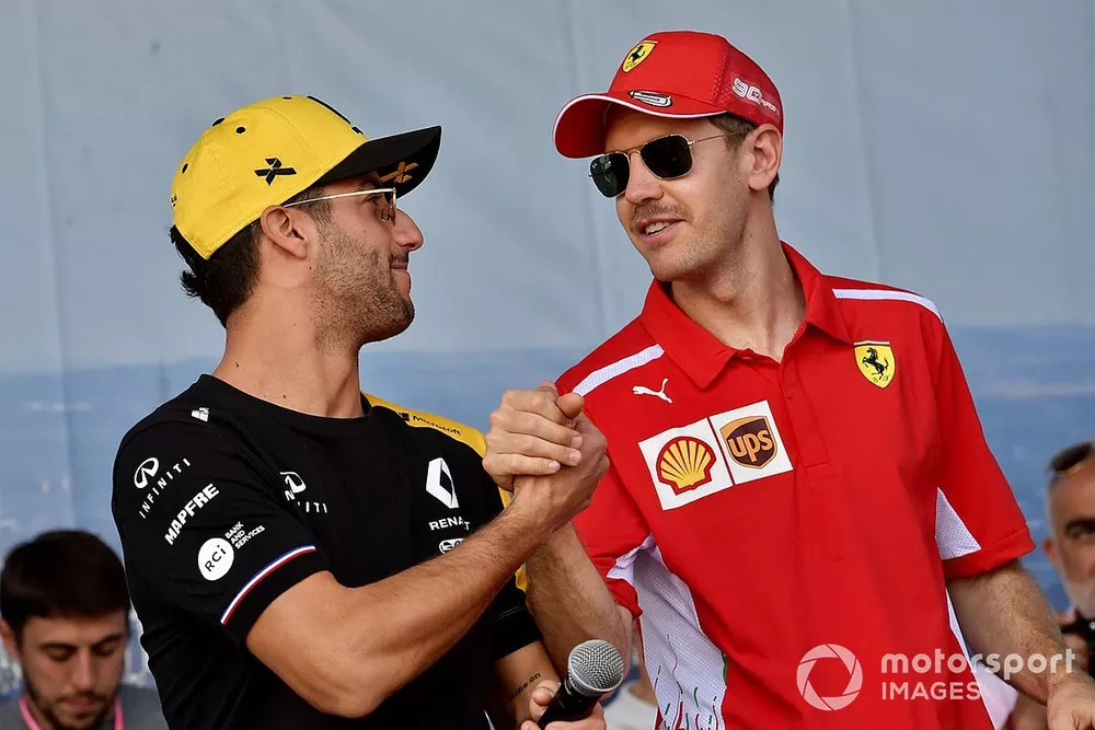 Daniel Ricciardo, Renault, et Sebastian Vettel, Ferrari, sur sc&egrave;ne