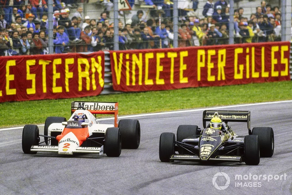 Ayrton Senna, Lotus 97T Renault, battles with Alain Prost, McLaren MP4-2B TAG