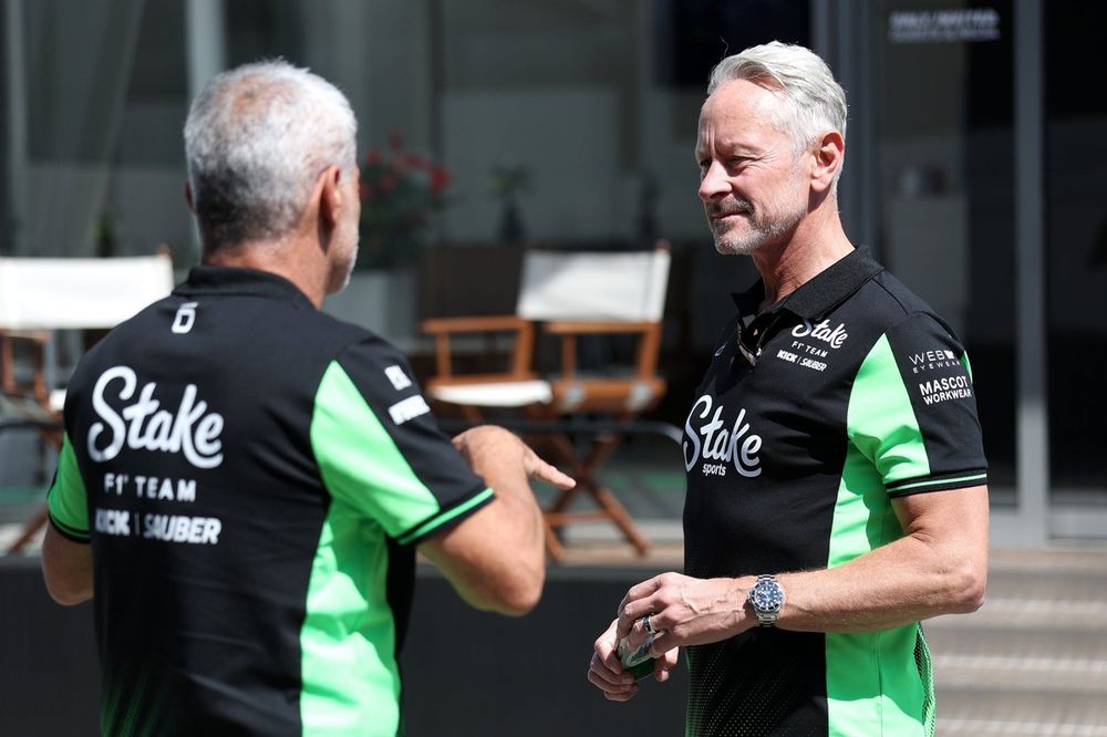 Jonathan Wheatley, Team Principal of Stake F1 Team Kick Sauber talks with Beat Zehnder, Sporting Director of Stake F1 Team Kick Sauber