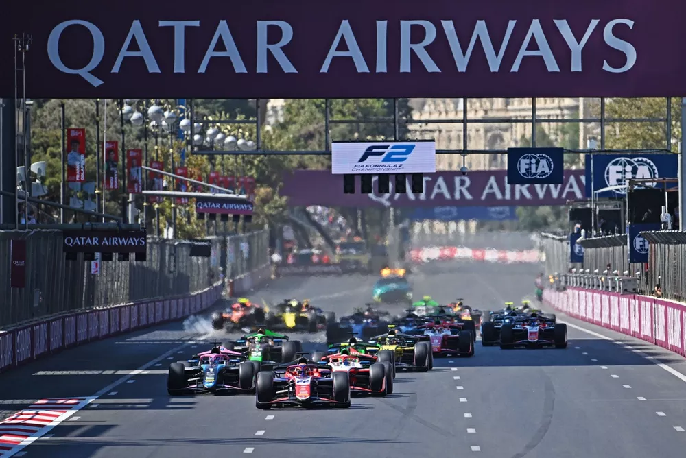 Richard Verschoor Trident, leads Andrea Kimi Antonelli, Prema Racing and Victor Martins, ART Grand Prix at the start of the race, as a crash between Pepe Marti, Campos Racing and Kush Maini, Invicta Racing occurs