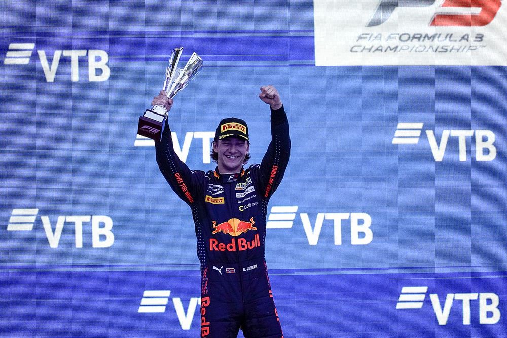 Champion Dennis Hauger, Prema Racing celebrates on the podium 