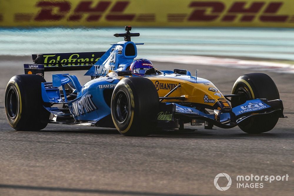 Fernando Alonso drives his 2005 Championship winning Renault R25 around the circuit