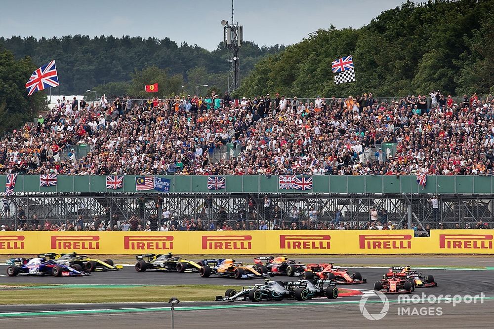 Valtteri Bottas, Mercedes AMG W10, leads Lewis Hamilton, Mercedes AMG F1 W10, and Charles Leclerc, Ferrari SF90, at the start of the race