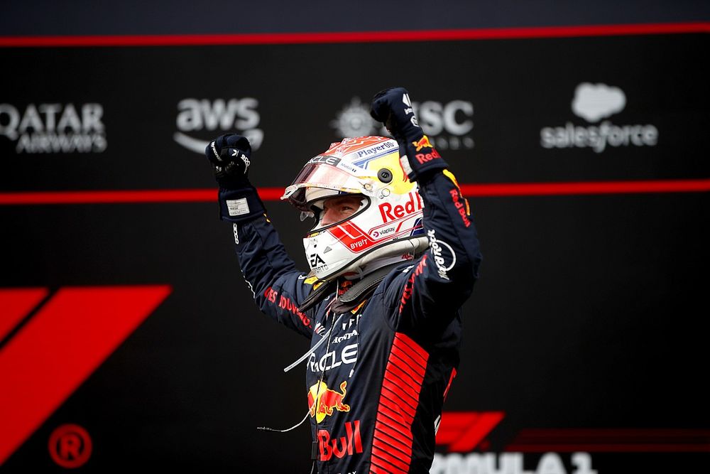 Max Verstappen, Red Bull Racing, 1st position, celebrates on arrival in Parc Ferme