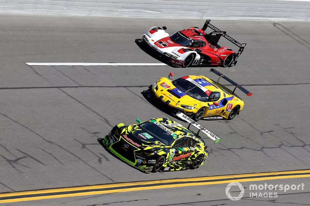 #12 Vasser Sullivan Racing Lexus RC F GT3: Jack Hawksworth, Parker Thompson, Frankie Montecalvo, Kyle Kirkwood. #81 DragonSpeed Ferrari 296 GT3: Albert Costa, Davide Rigon, Miguel Molina, Thomas Neubauer, #7 Porsche Penske Motorsport Porsche 963: Felipe Nasr, Nick Tandy, Laurens Vanthoor