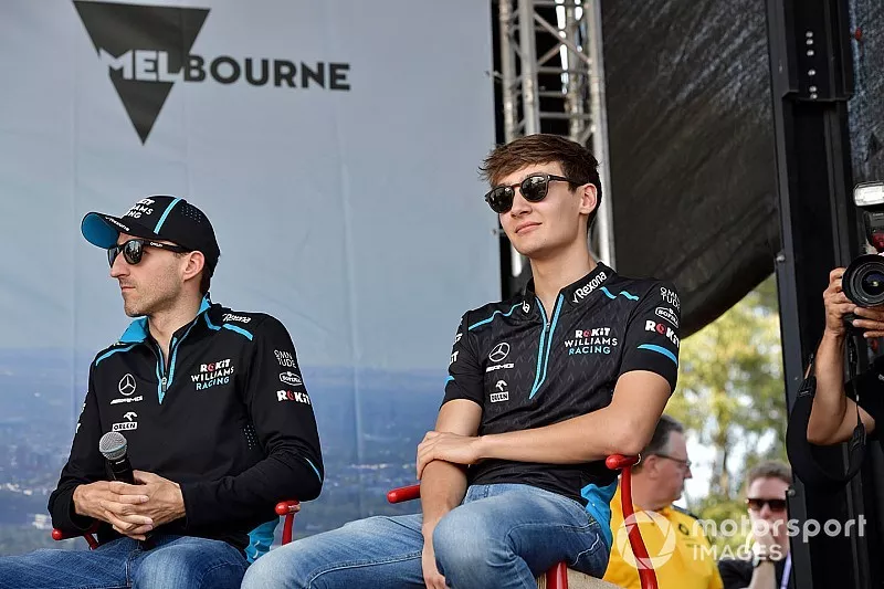 Robert Kubica, Williams Racing, and George Russell, Williams Racing, on stage
