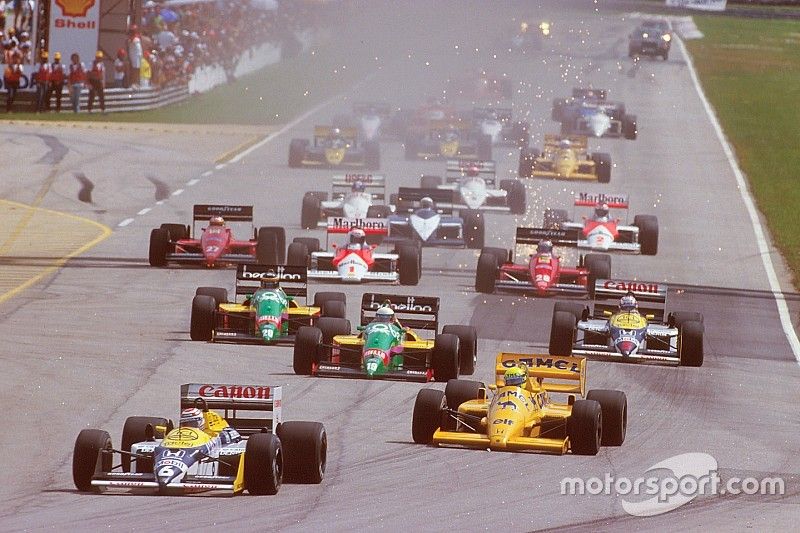 Nelson Piquet, Williams FW11B Honda, lidera a Ayrton Senna, Team Lotus Honda 99T, Teo Fabi, Benetton B187 Ford, Thierry Boutsen, Benetton B187 Ford y Nigel Mansell, Williams FW11B Honda, al inicio