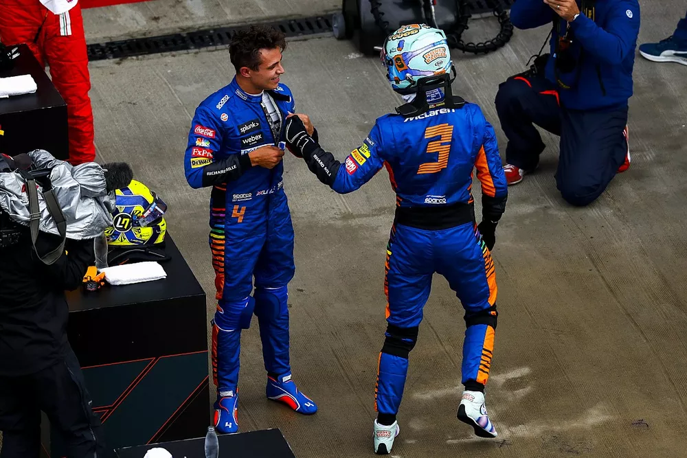 Daniel Ricciardo, McLaren, congratulates pole man Lando Norris, McLaren, after Qualifying