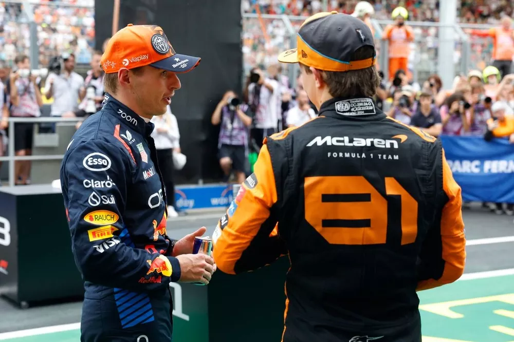 Max Verstappen, Red Bull Racing, Oscar Piastri, McLaren F1 Team, talk in Parc Ferme after Qualifying