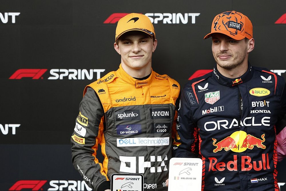 Oscar Piastri, McLaren, 2nd position, Max Verstappen, Red Bull Racing, 1st position, Pierre Gasly, Alpine F1 Team, 3rd position, with their Sprint trophies
