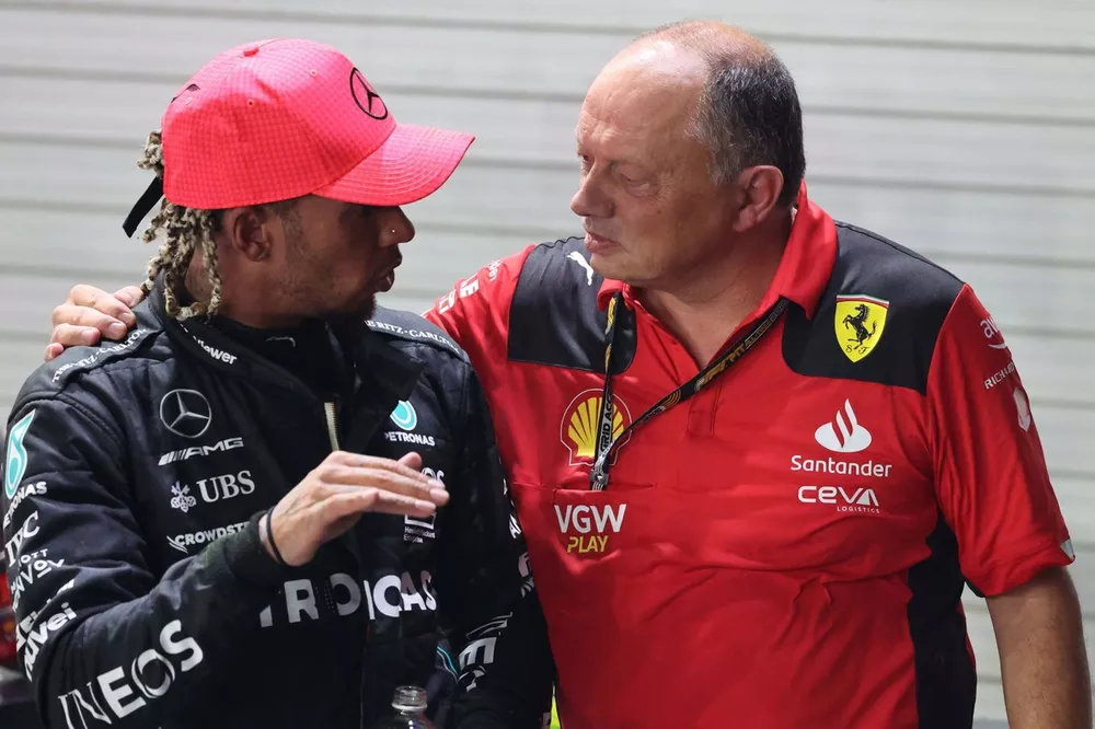 Lewis Hamilton, Mercedes-AMG, 3rd position, Frederic Vasseur, Team Principal and General Manager, Scuderia Ferrari, talk after the race