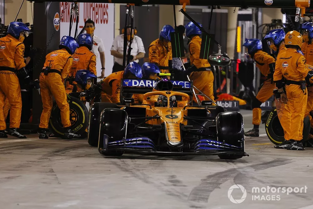 Lando Norris, McLaren MCL35, leaves his pit box after a stop