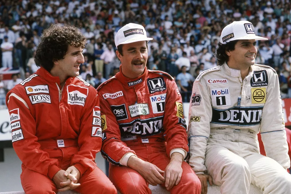 Alain Prost,  McLaren, Nigel Mansell, Williams y Nelson Piquet,  Williams
