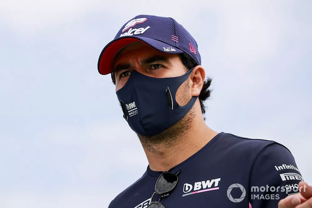 Sergio Perez, Racing Point walks the track with his engineers