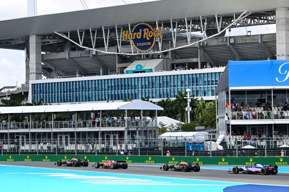 Max Verstappen, Red Bull Racing RB20, leads Charles Leclerc, Ferrari SF-24, Sergio Perez, Red Bull Racing RB20, and Daniel Ricciardo, VCARB 01