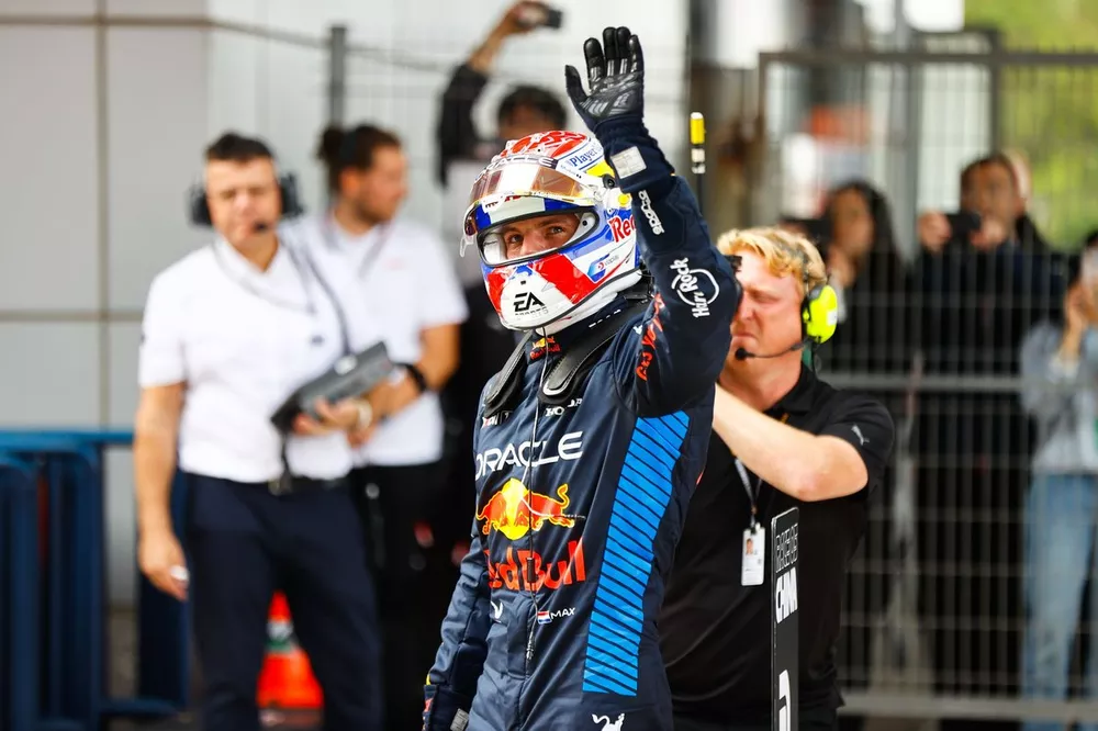 Pole man Max Verstappen, Red Bull Racing, celebrates on arrival in Parc Ferme