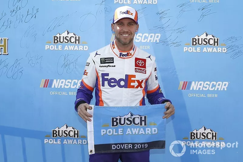Pole sitter Denny Hamlin, Joe Gibbs Racing, Toyota Camry FedEx Express
