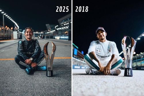 Russell recrea la clásica foto de Lewis Hamilton tras ganar el GP de Singapur