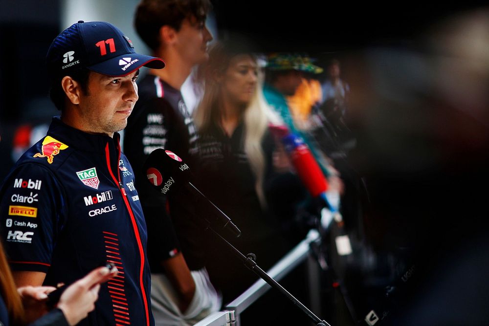 Sergio Perez, Red Bull Racing, talks to the press 