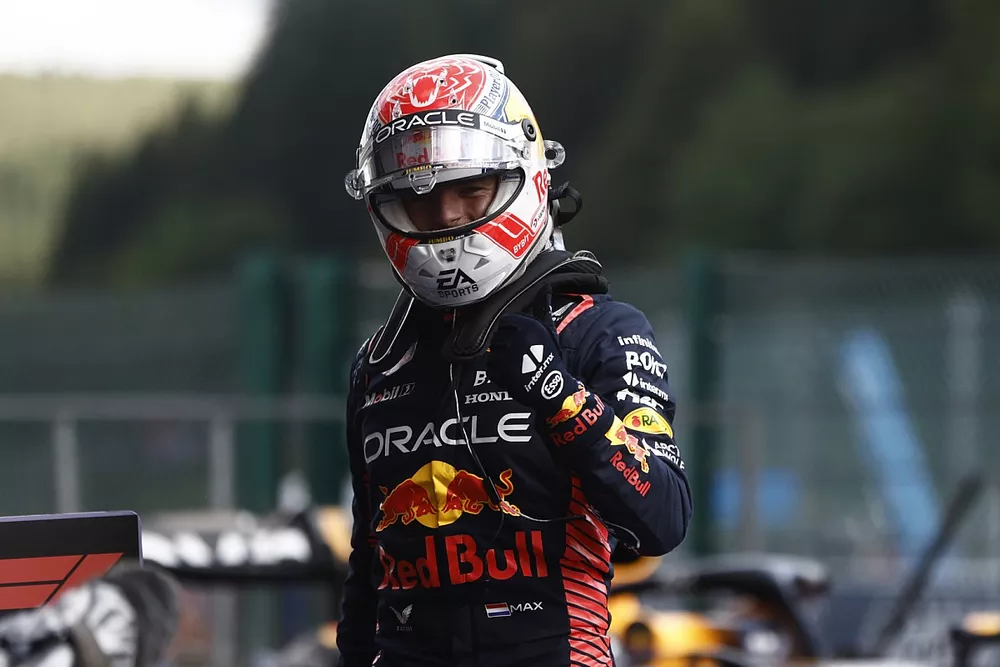 Pole man Max Verstappen, Red Bull Racing, celebrates on arrival in Parc Ferme