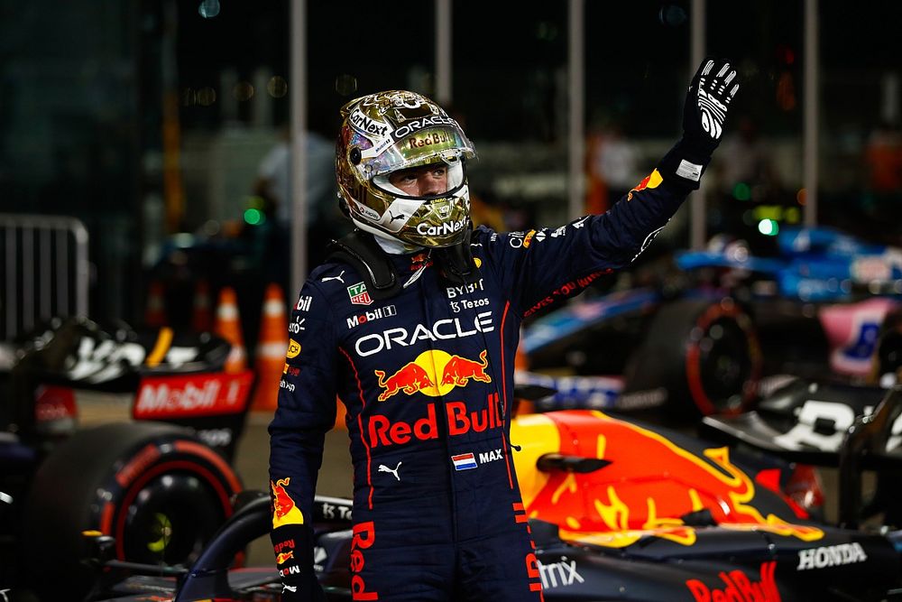 Pole man Max Verstappen, Red Bull Racing, waves from Parc Ferme
