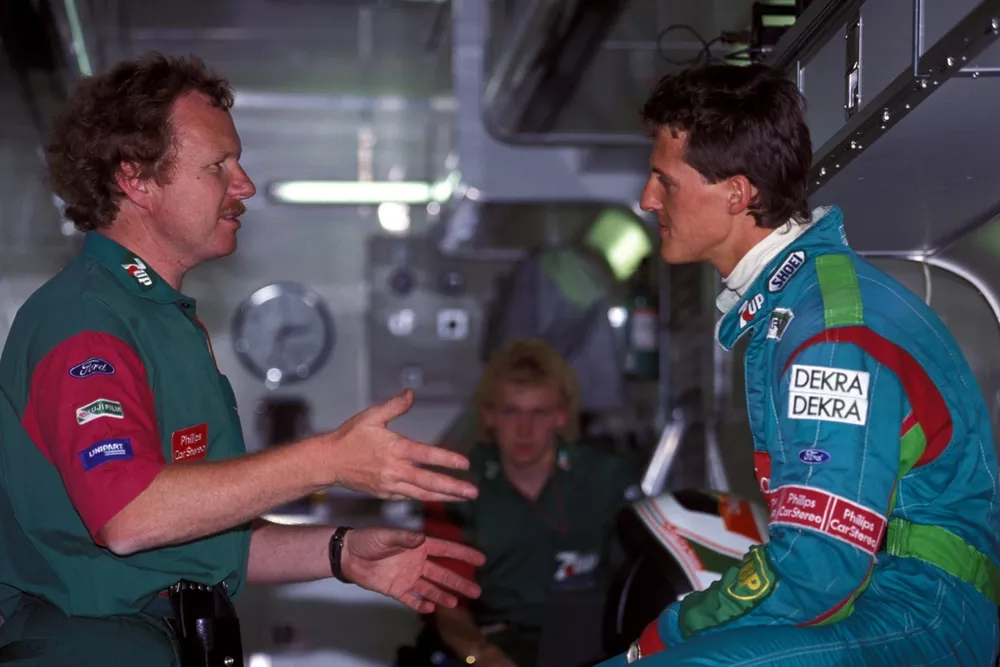Michael Schumacher talks with Trevor Foster